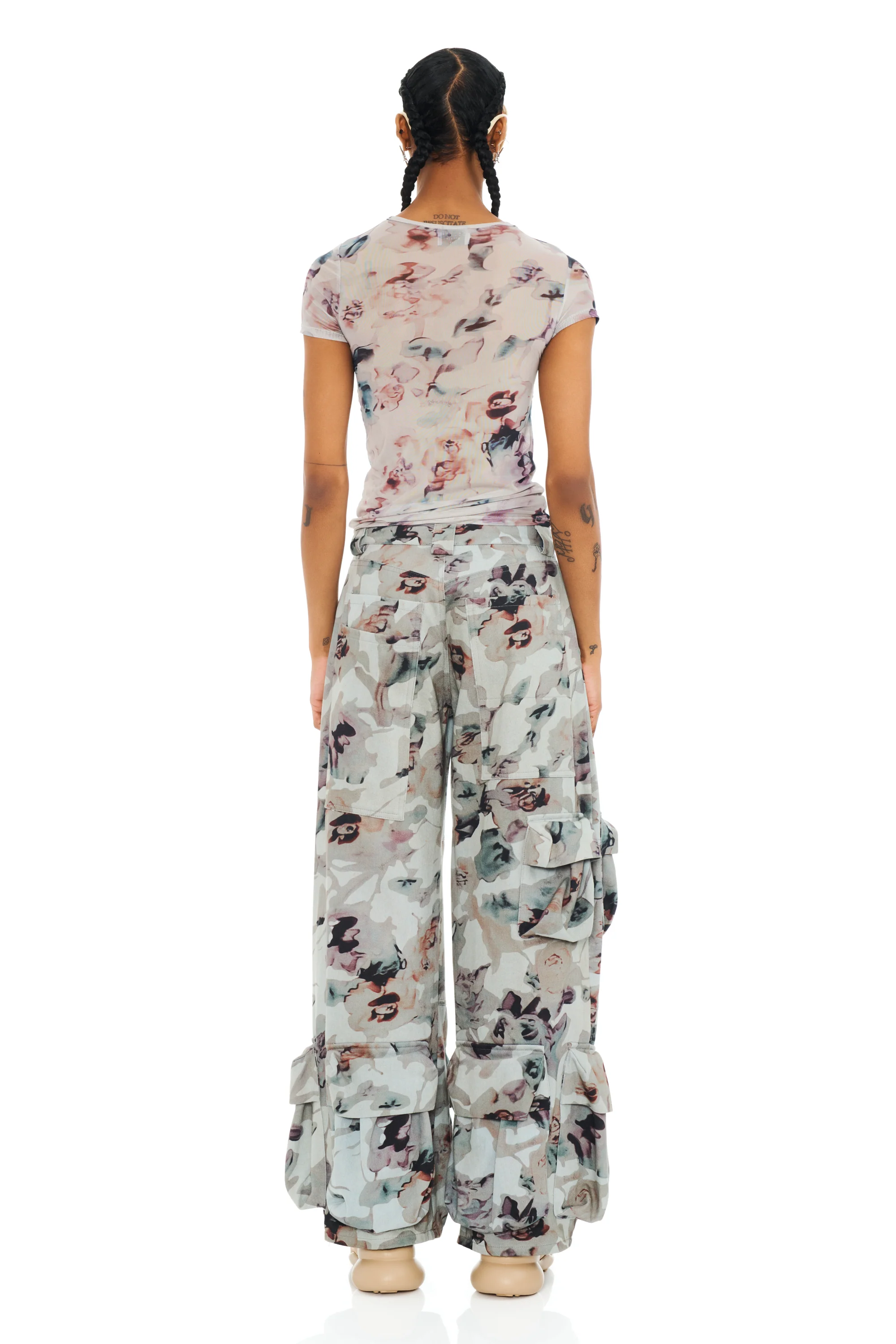 BEIGE WATERCOLOR ROSES GARDEN CARGO PANT - Image 6