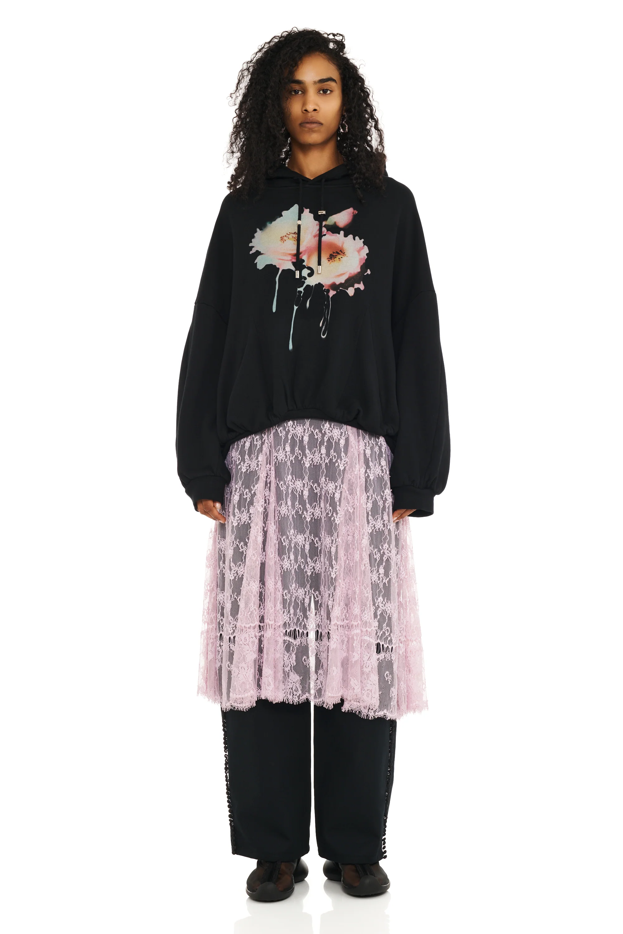 BLACK FLOWER DREAM GATHERED HOODIE