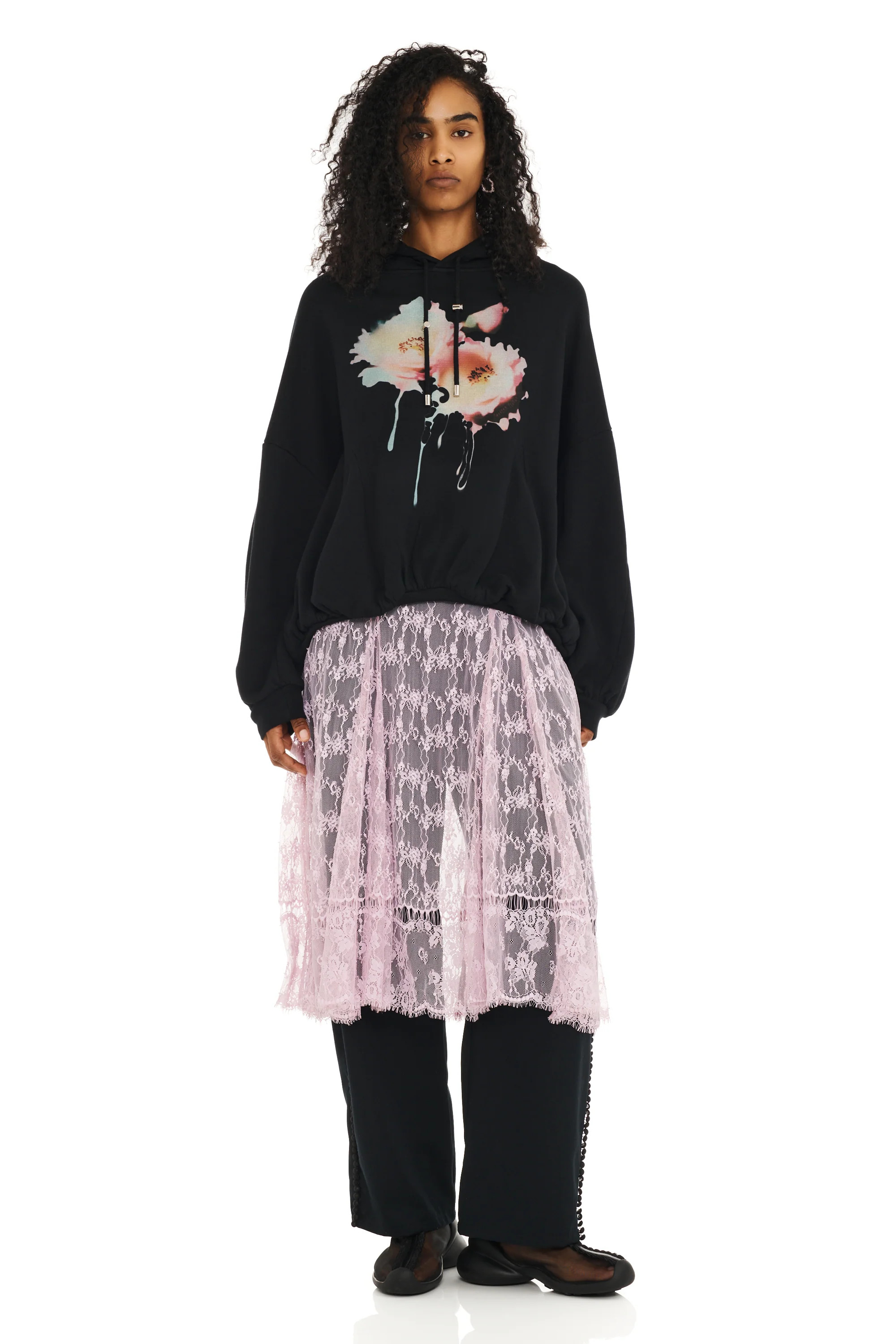 BLACK FLOWER DREAM GATHERED HOODIE - Image 2