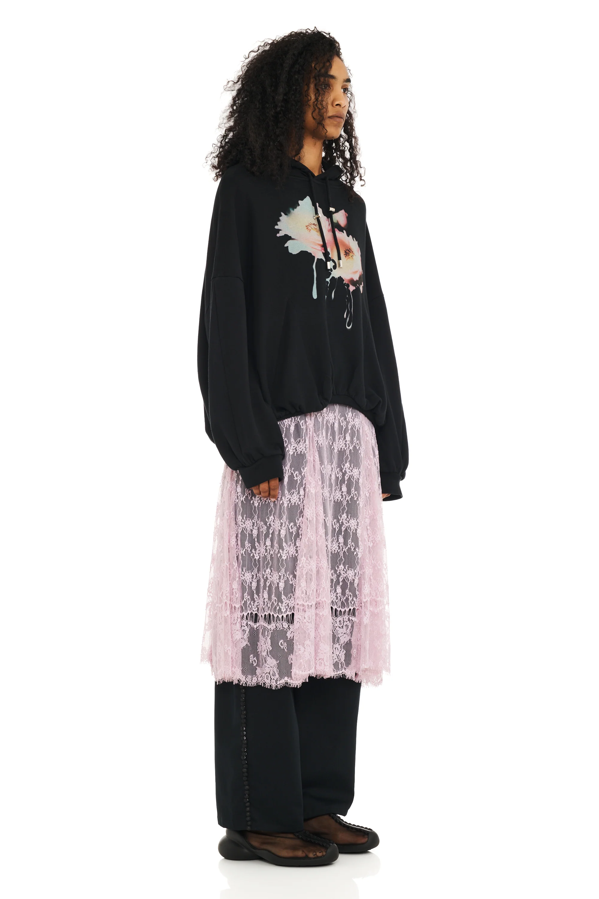 BLACK FLOWER DREAM GATHERED HOODIE - Image 3