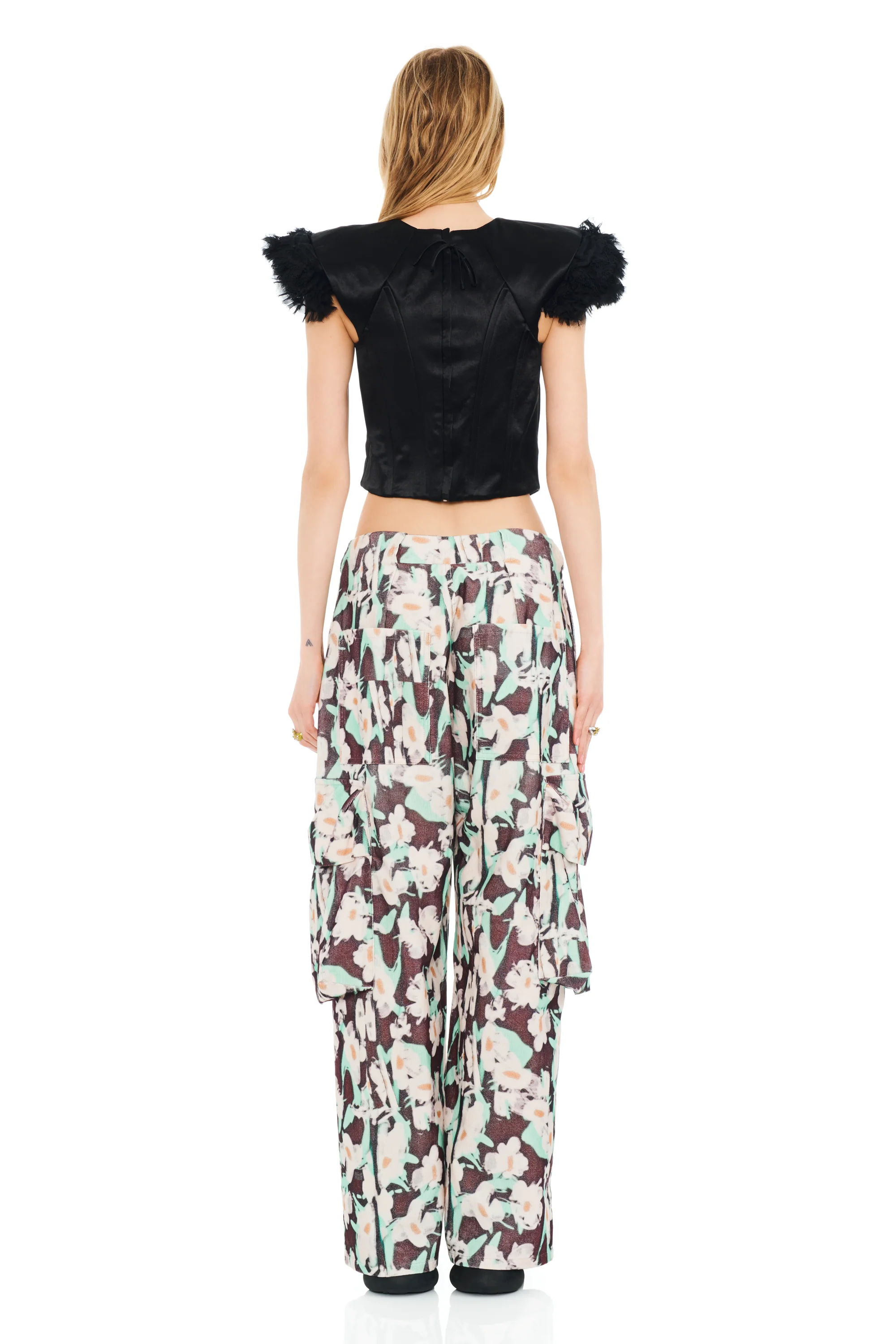 BLACK PAINTED DAISY PLEATED CARGO PANT - Image 5