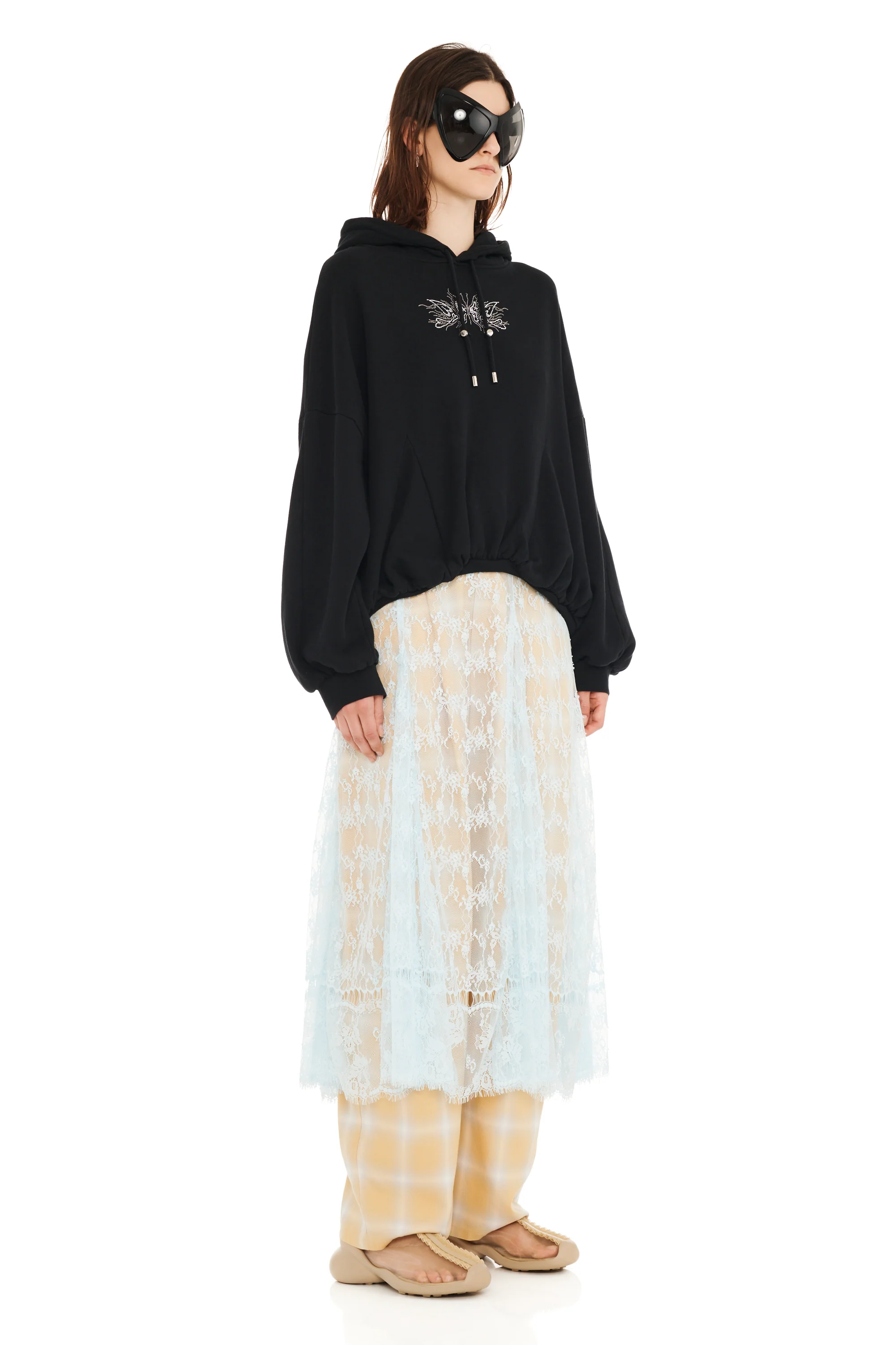 BLACK RHINESTONE GATHERED HOODIE - Image 3