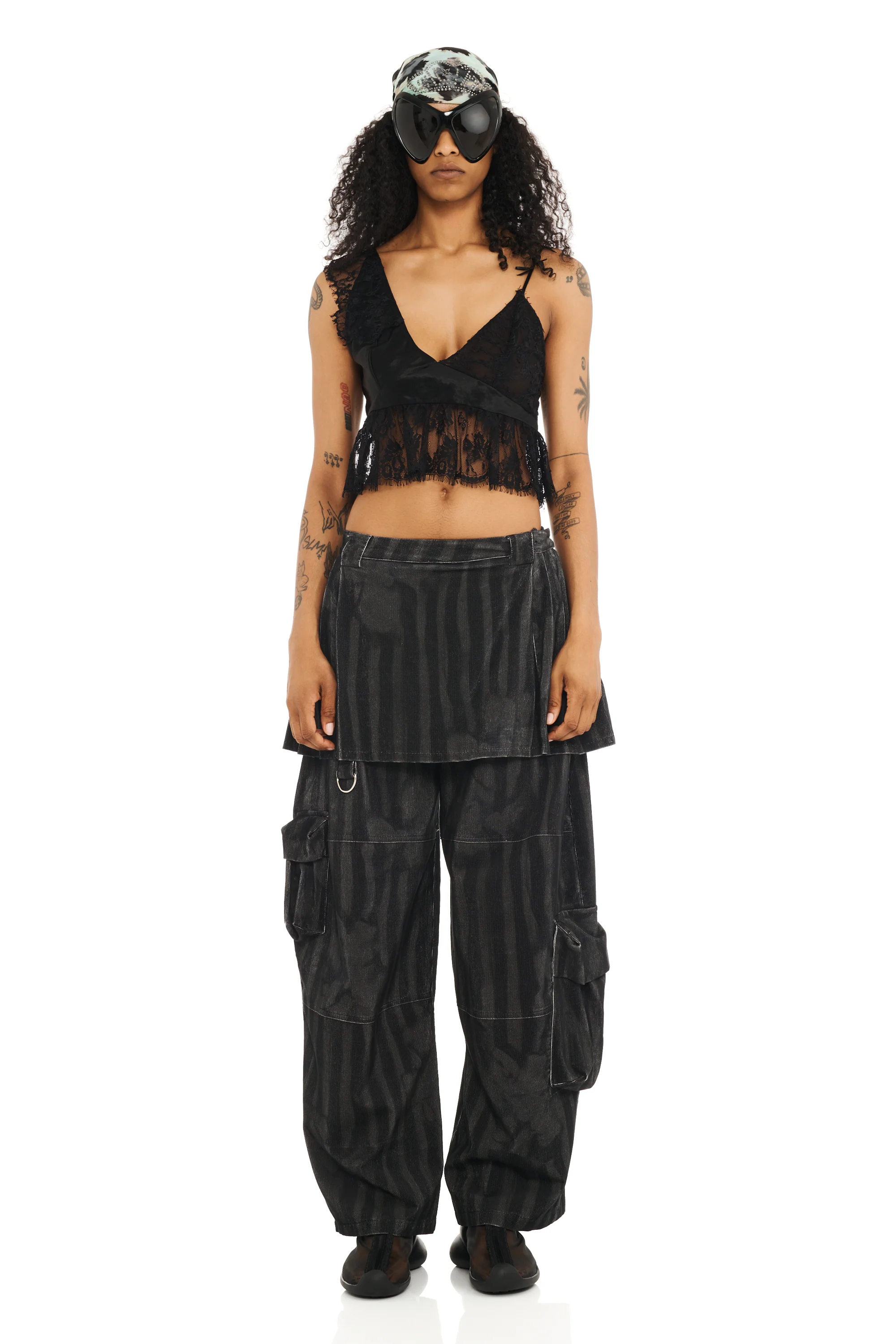 BLACK WAVY FLOWER STRIPE LAWN SKIRT CARGO PANT - Image 2