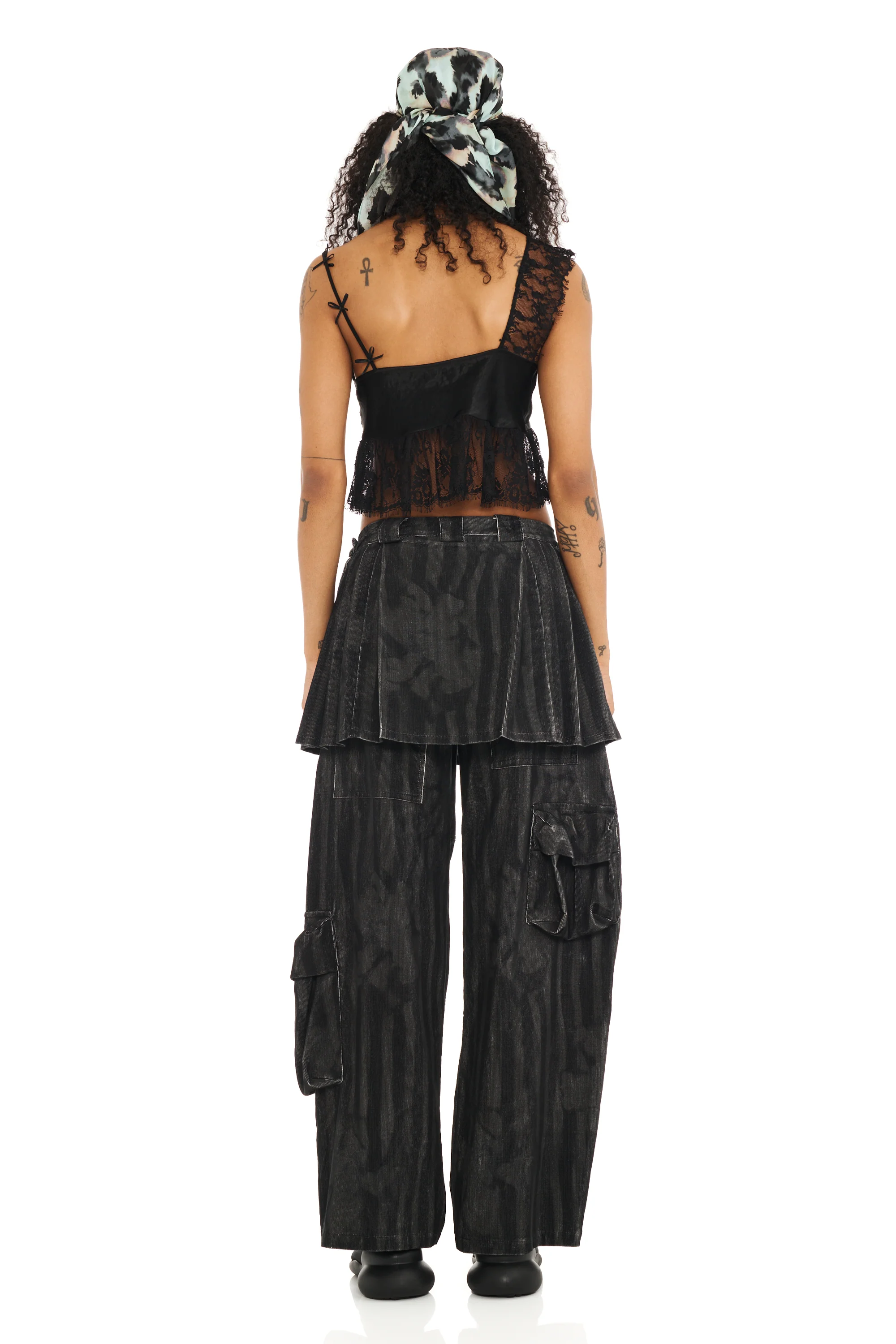 BLACK WAVY FLOWER STRIPE LAWN SKIRT CARGO PANT - Image 5