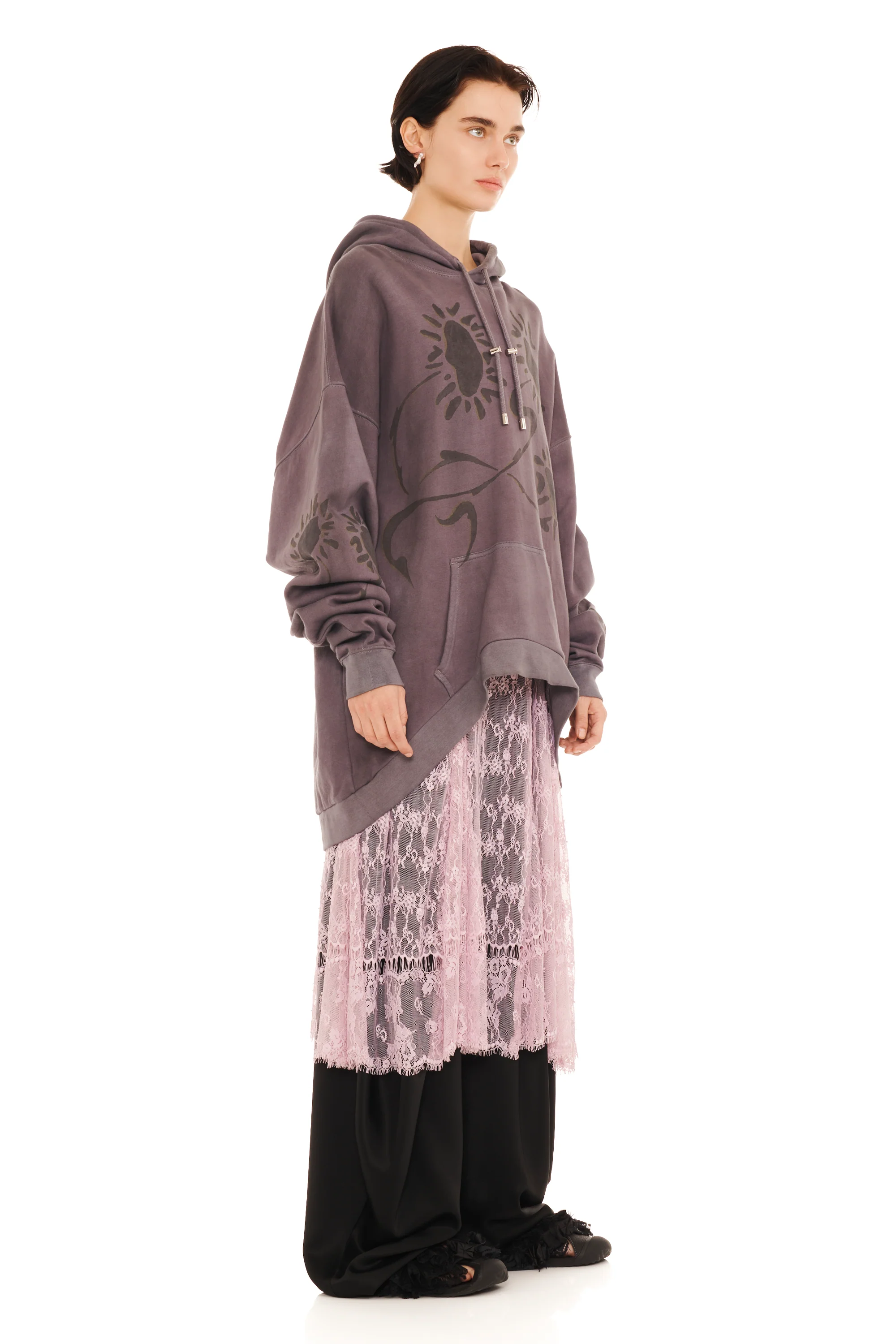 CHARCOAL DAISIES ROUND HEM HOODIE - Image 2