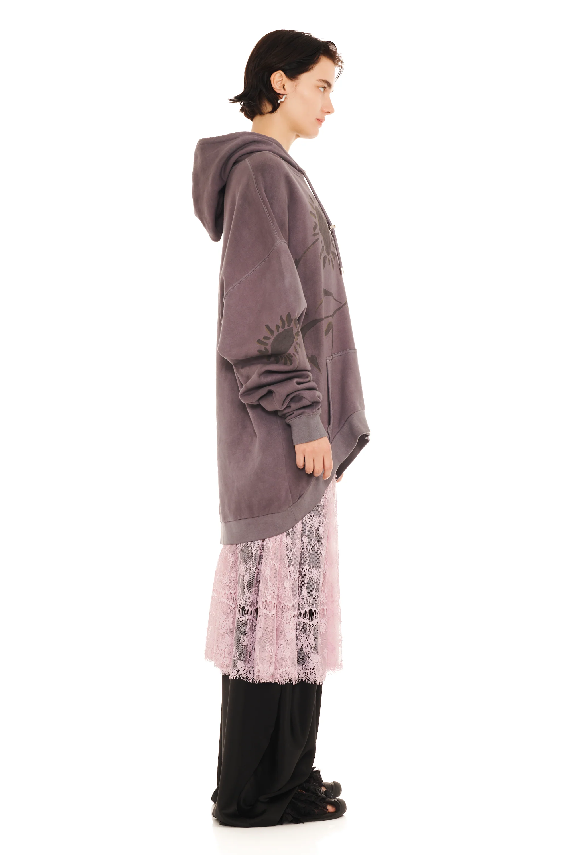 CHARCOAL DAISIES ROUND HEM HOODIE - Image 3