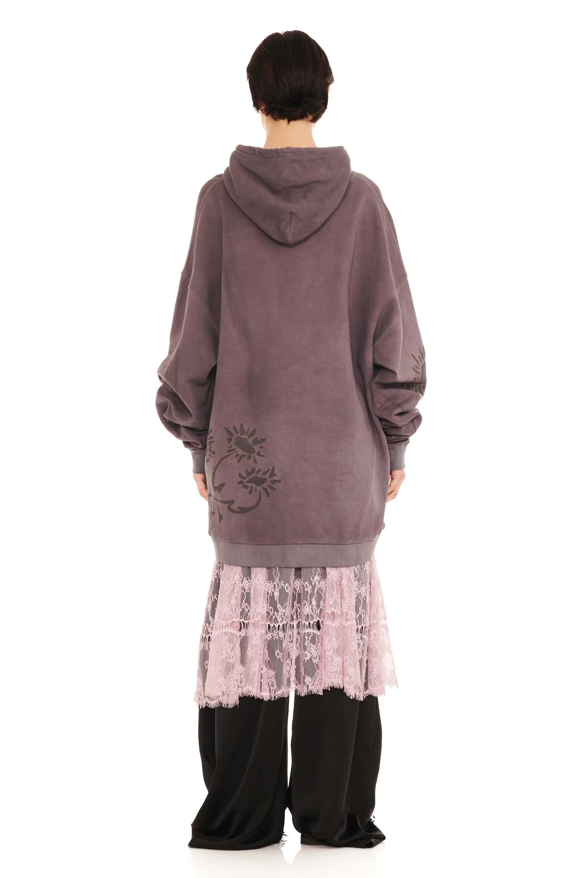 CHARCOAL DAISIES ROUND HEM HOODIE - Image 4