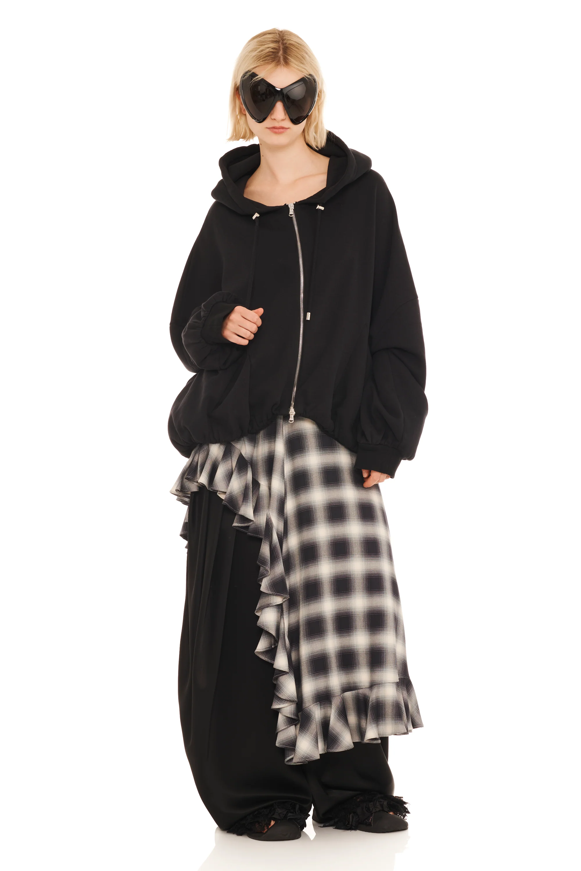 RHINESTONE BLACK GATHERED ZIP UP HOODIE