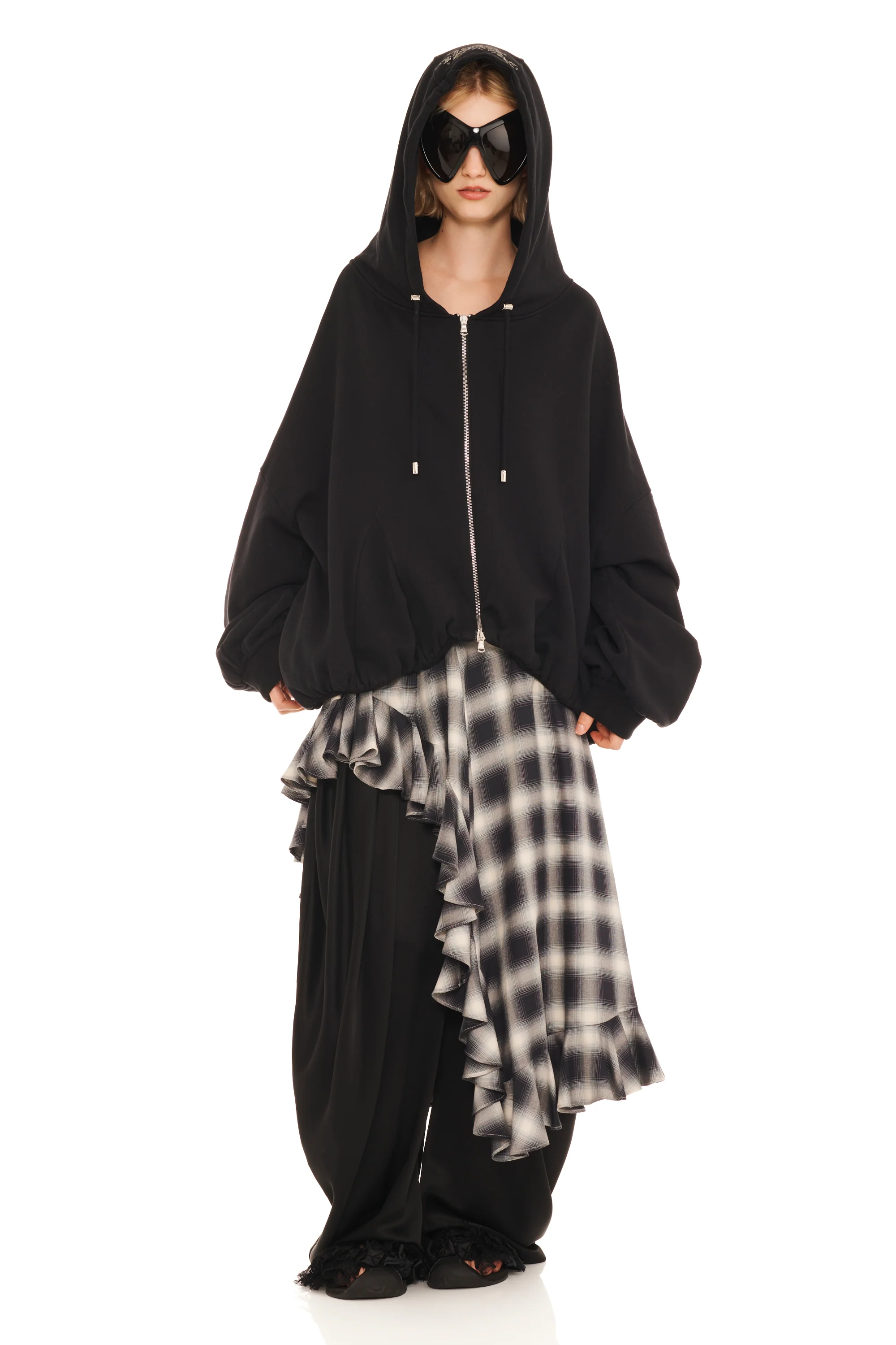 RHINESTONE BLACK GATHERED ZIP UP HOODIE - Image 2