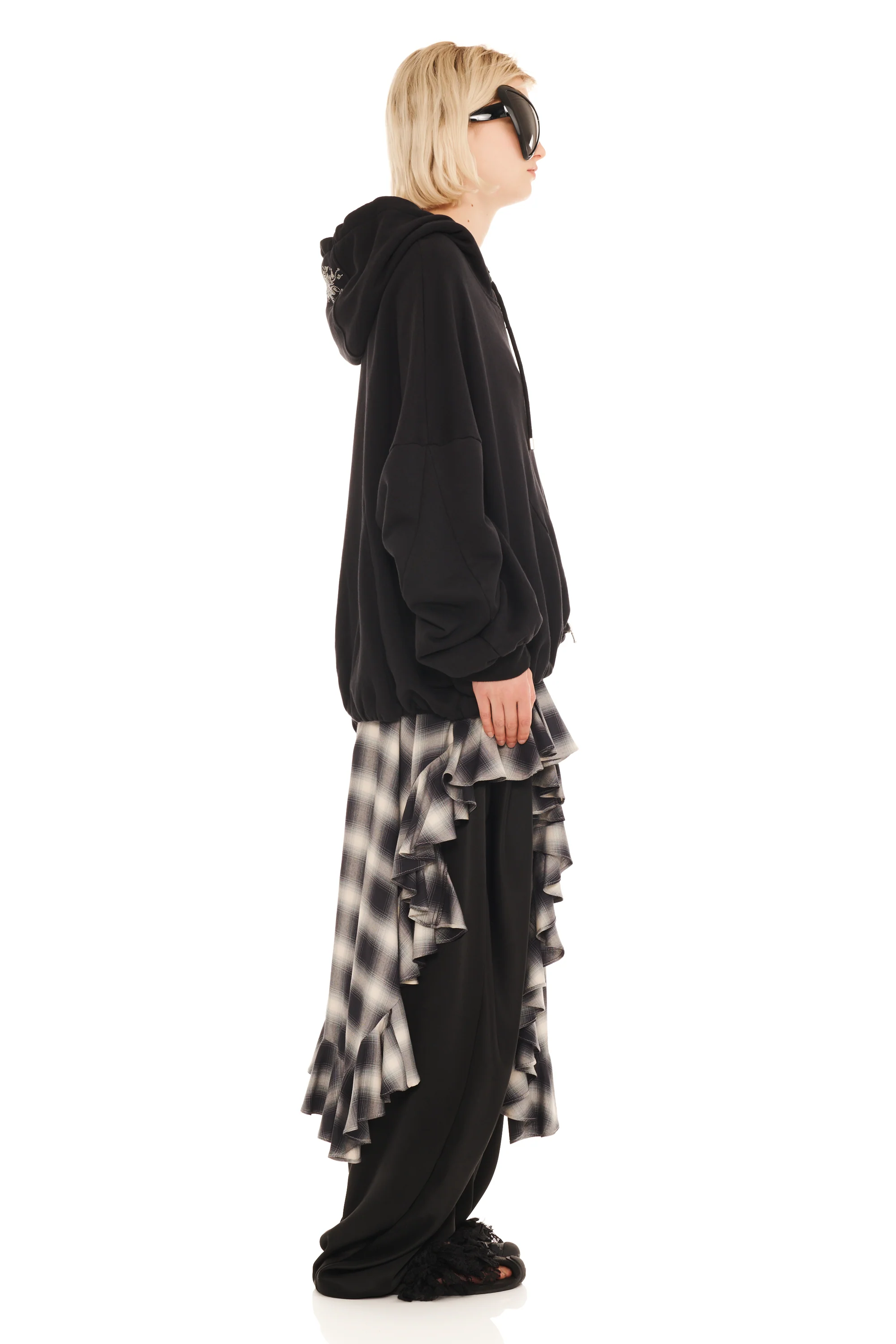 RHINESTONE BLACK GATHERED ZIP UP HOODIE - Image 3