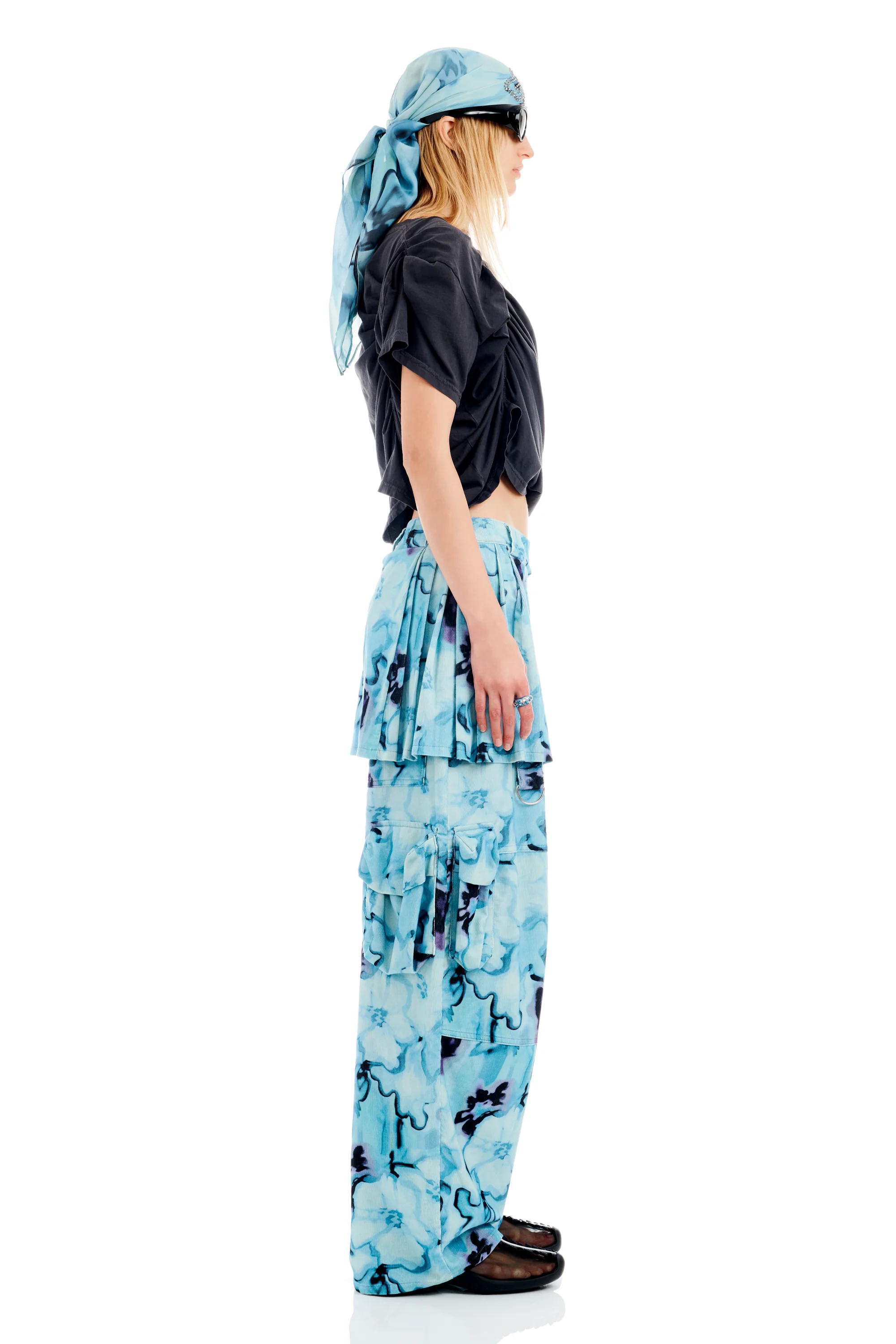 SKY WATERCOLOR FLORAL LAWN SKIRT CARGO PANT - Image 4